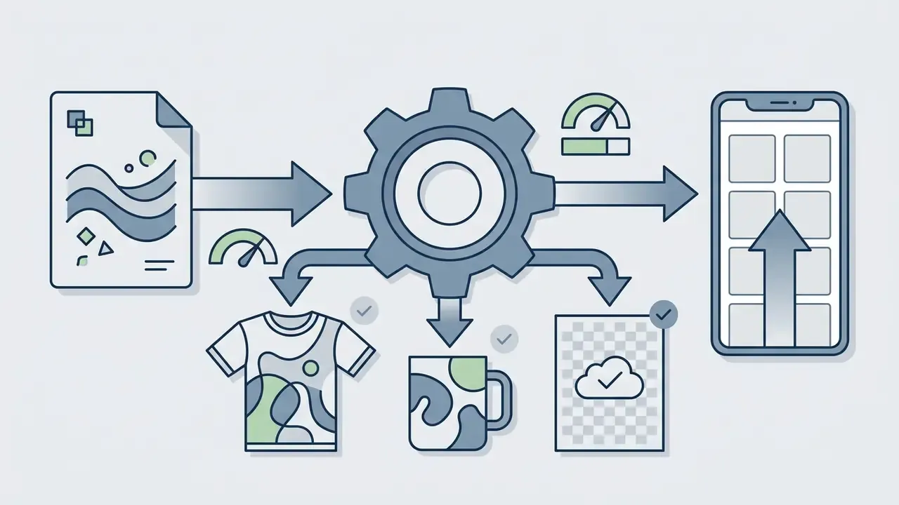 Central gear processing input artwork into various merchandise like t-shirts, mugs, and digital assets