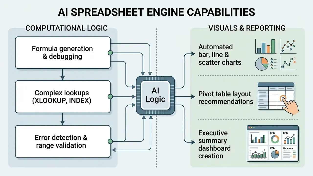 Central AI logic unit connecting computational tasks to automated reporting and dashboard visualization