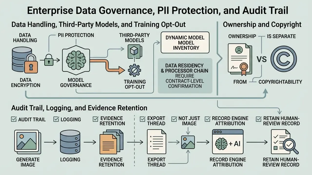Flowchart outlining data governance protocols for model inventory, ownership, and audit trail retention