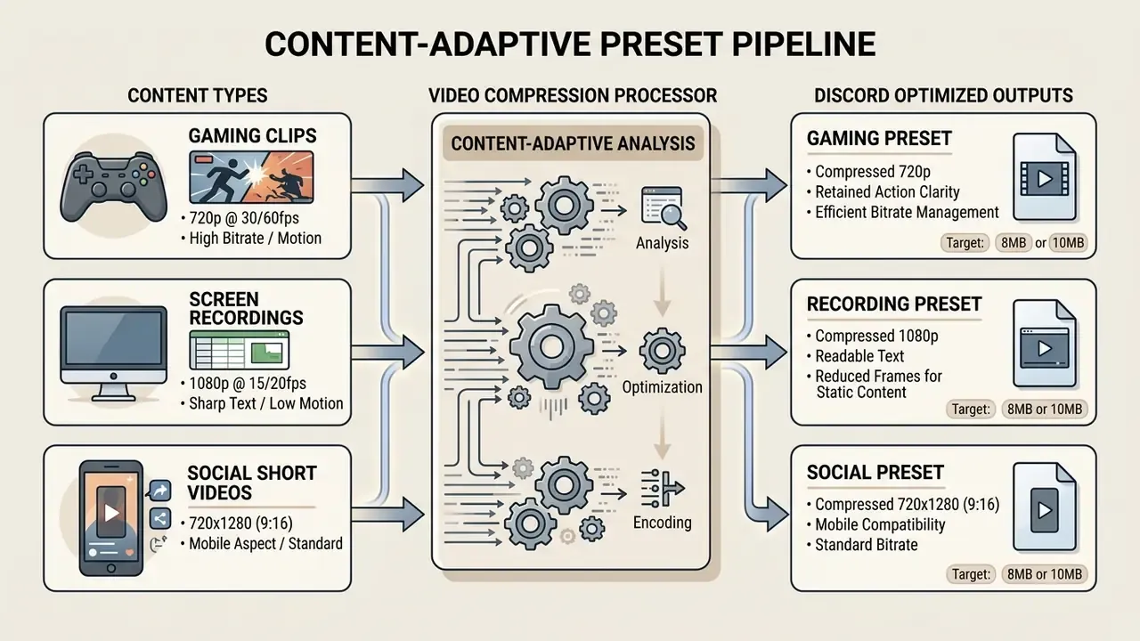 Diagram showing how different video types are processed through a pipeline into optimized Discord presets