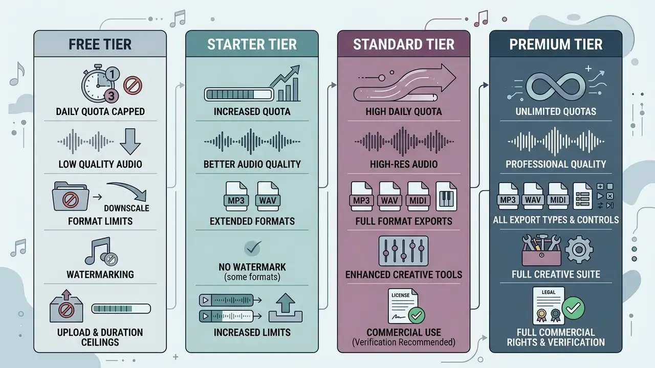 Comparison table showing feature and quality differences between free and paid ai song maker tiers