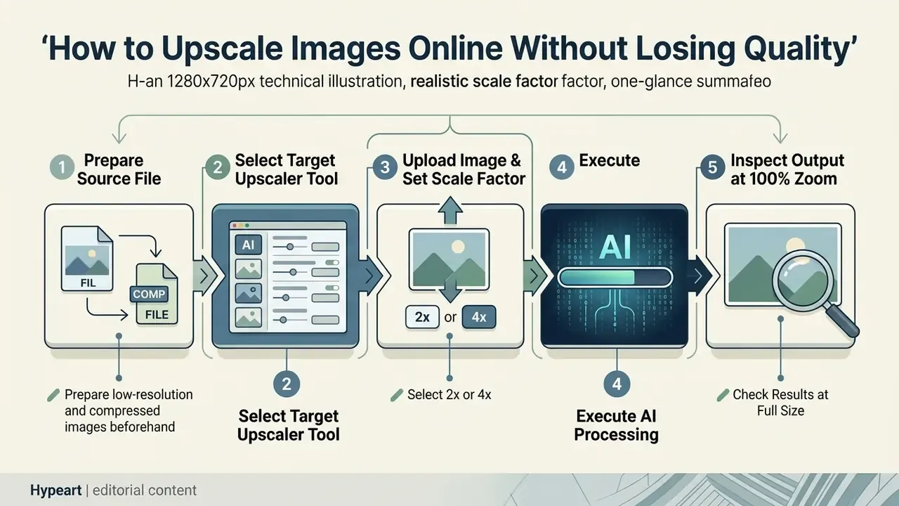 Step-by-step process for using a free AI image upscaler to prepare, process, and inspect image quality