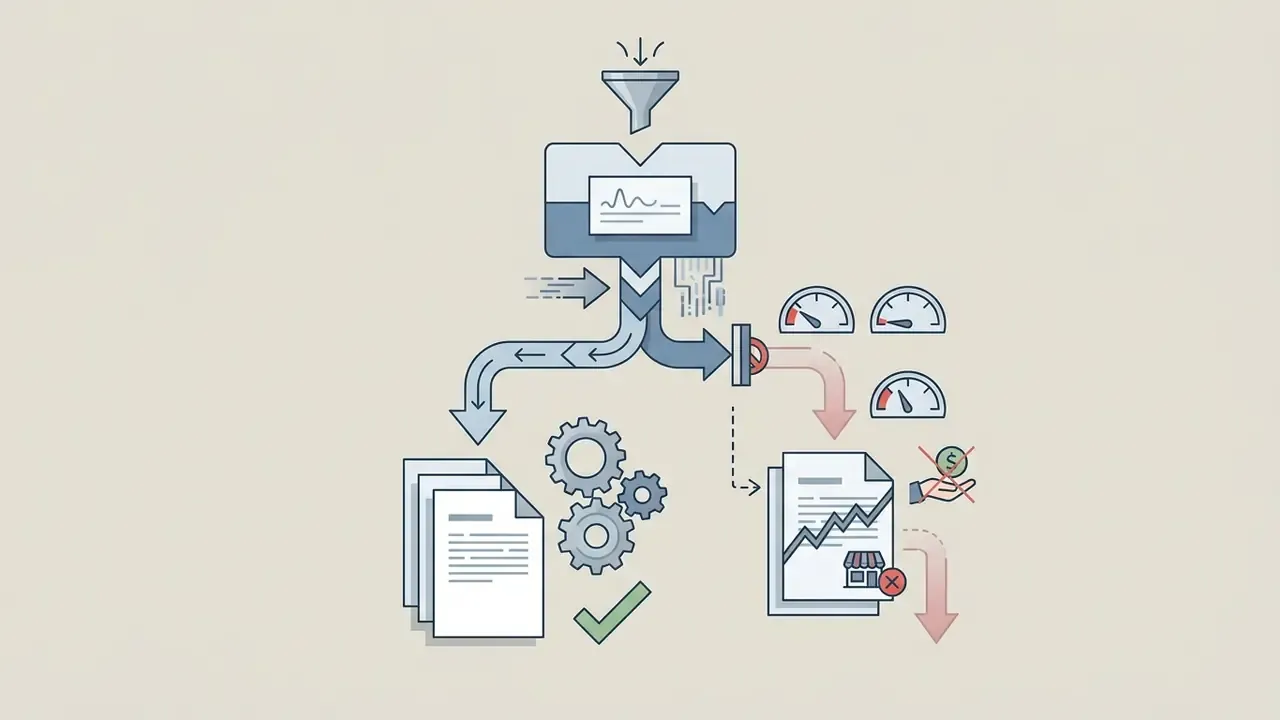 Data funnel splitting into a successful process path and a restricted path with commercial limitations