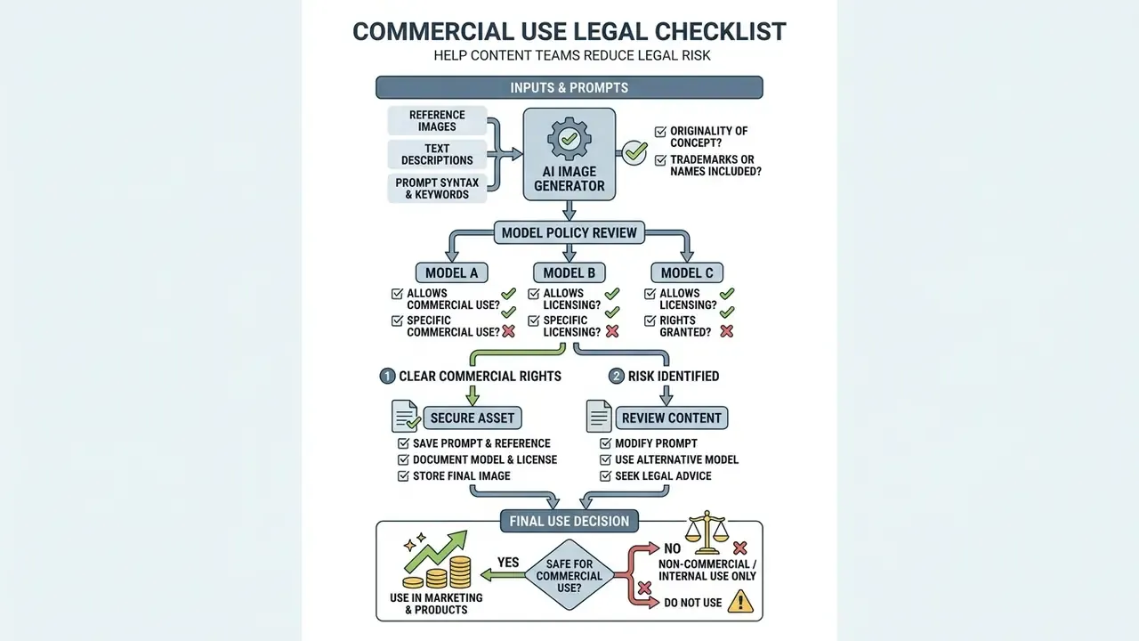 Flowchart outlining a legal compliance process for generating and verifying commercial visual assets