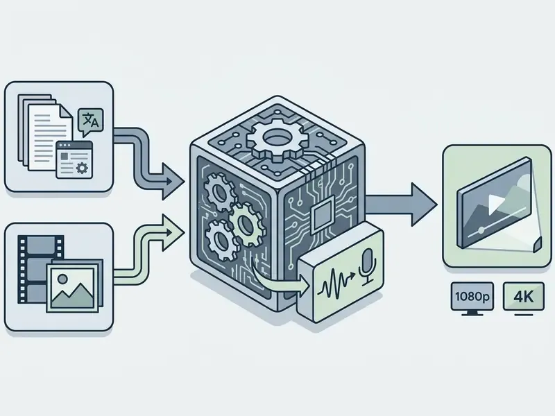 Diagram showing text and image inputs feeding into a central processing engine to output video files