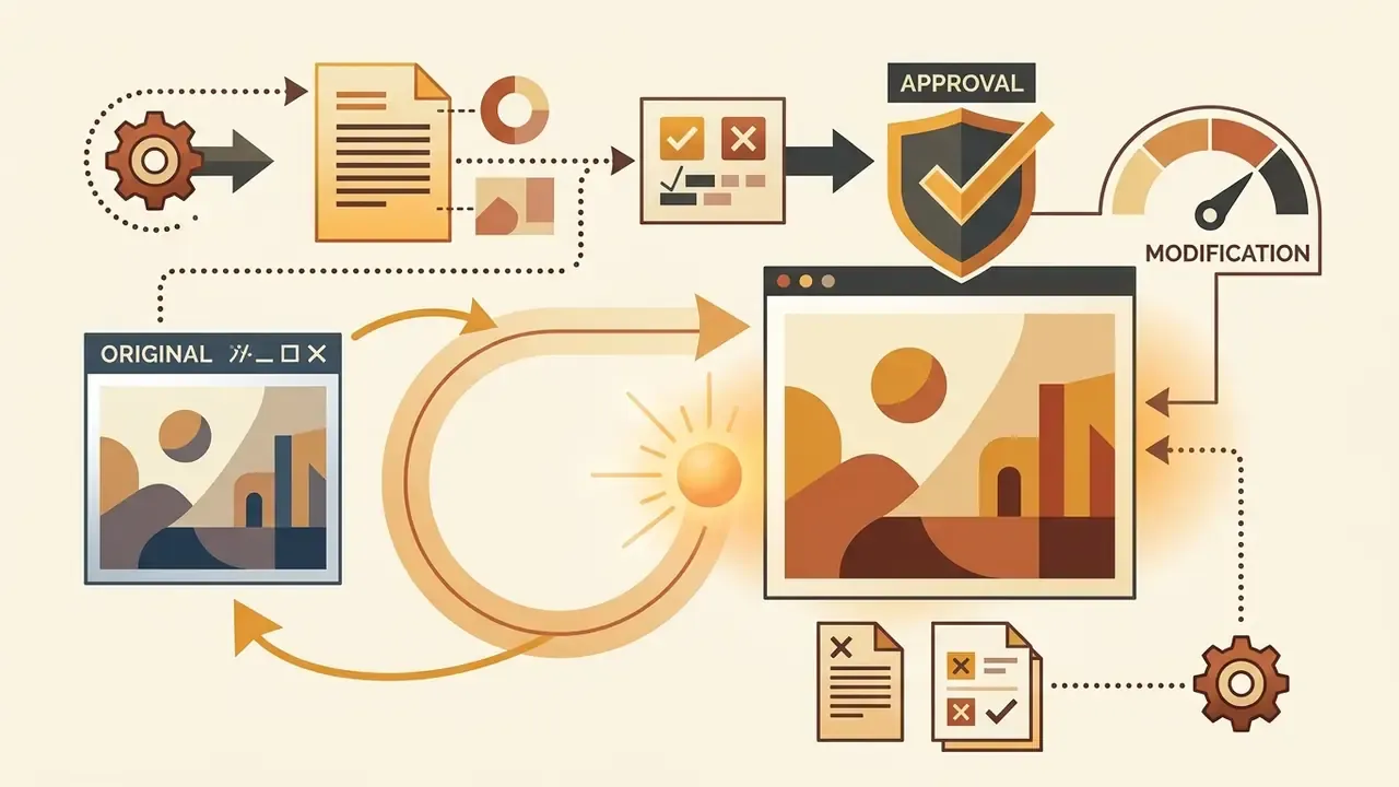 Workflow showing a document review process leading to image modification and approval via a gauge