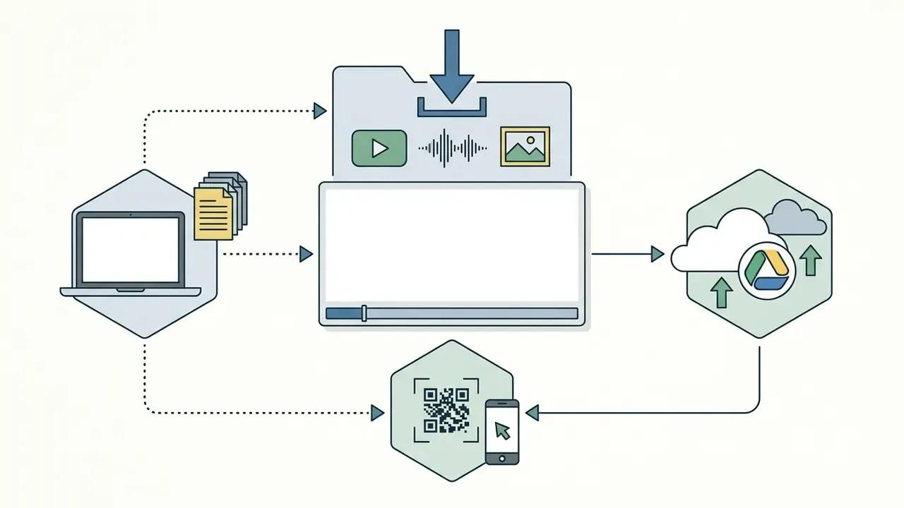 Icons representing a laptop, cloud storage, and mobile QR code uploading media to a central folder
