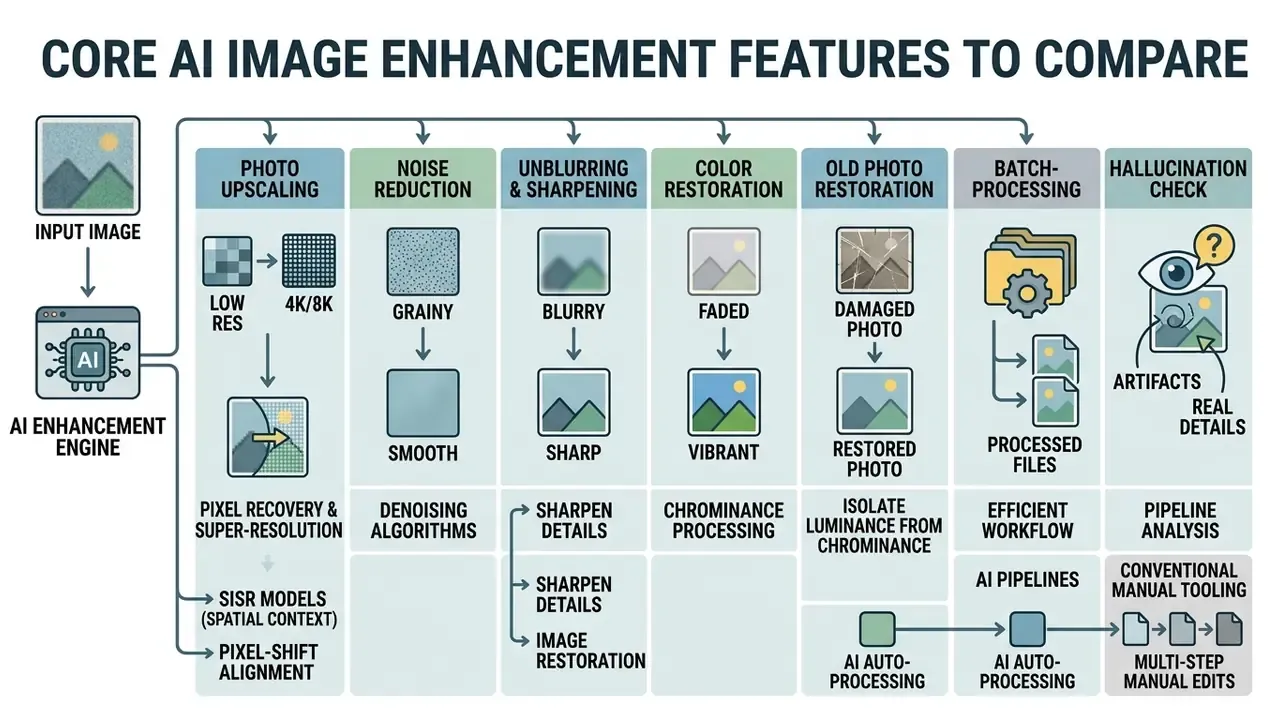 Table mapping seven AI image processing functions to their specific input types and technical methods