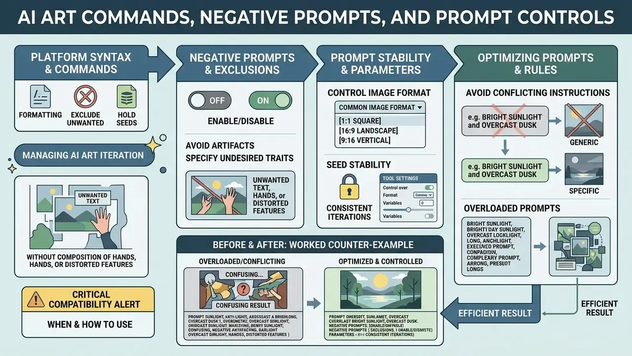 Infographic detailing how to write prompts for AI art using syntax, negative exclusions, and parameters