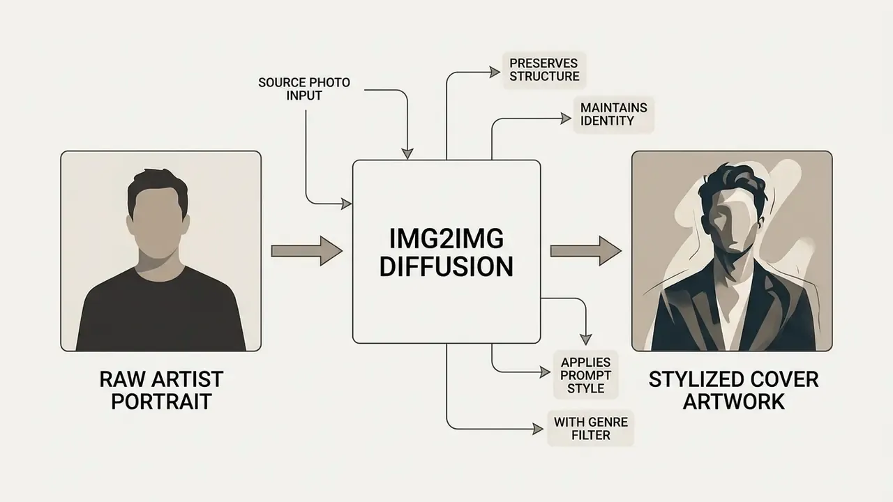 Process diagram showing a raw portrait transforming into stylized artwork through IMG2IMG diffusion