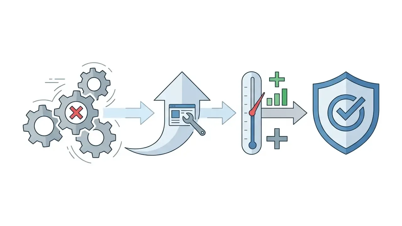 Sequence of gears, an upward arrow with a wrench, a rising gauge, and a shield icon with a checkmark
