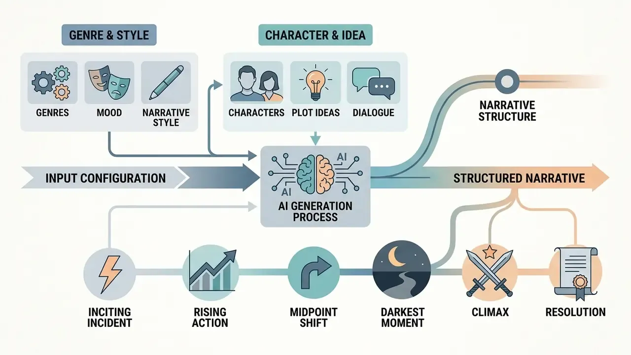 Diagram showing input parameters for an AI story generator that flow into a structured narrative sequence