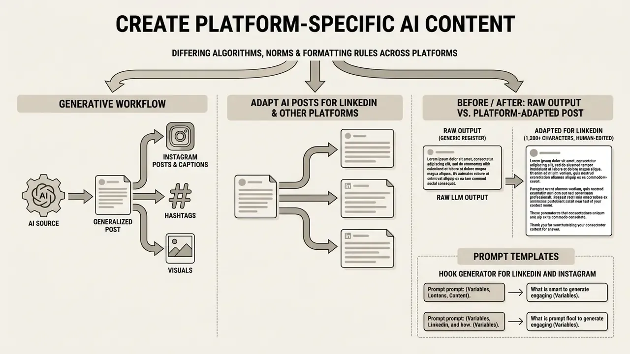 Flowchart showing how AI generates and adapts social media content for different platform requirements