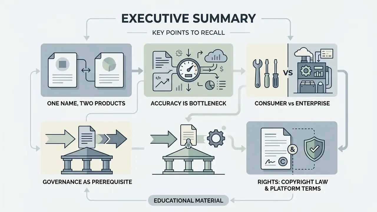 Infographic showing six key points about AI tools including governance, accuracy, and legal rights