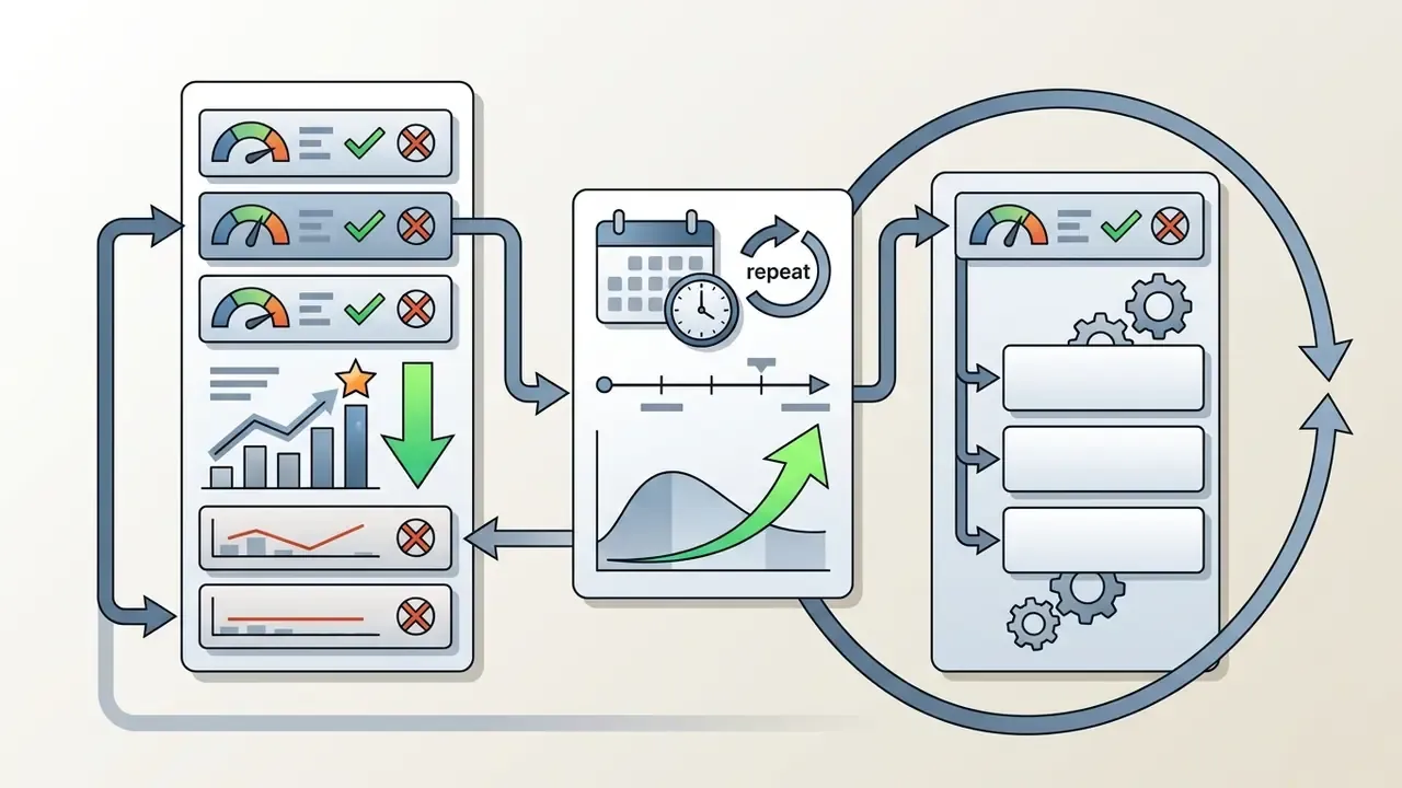 Performance gauges and data charts cycling through a weekly optimization loop for content testing