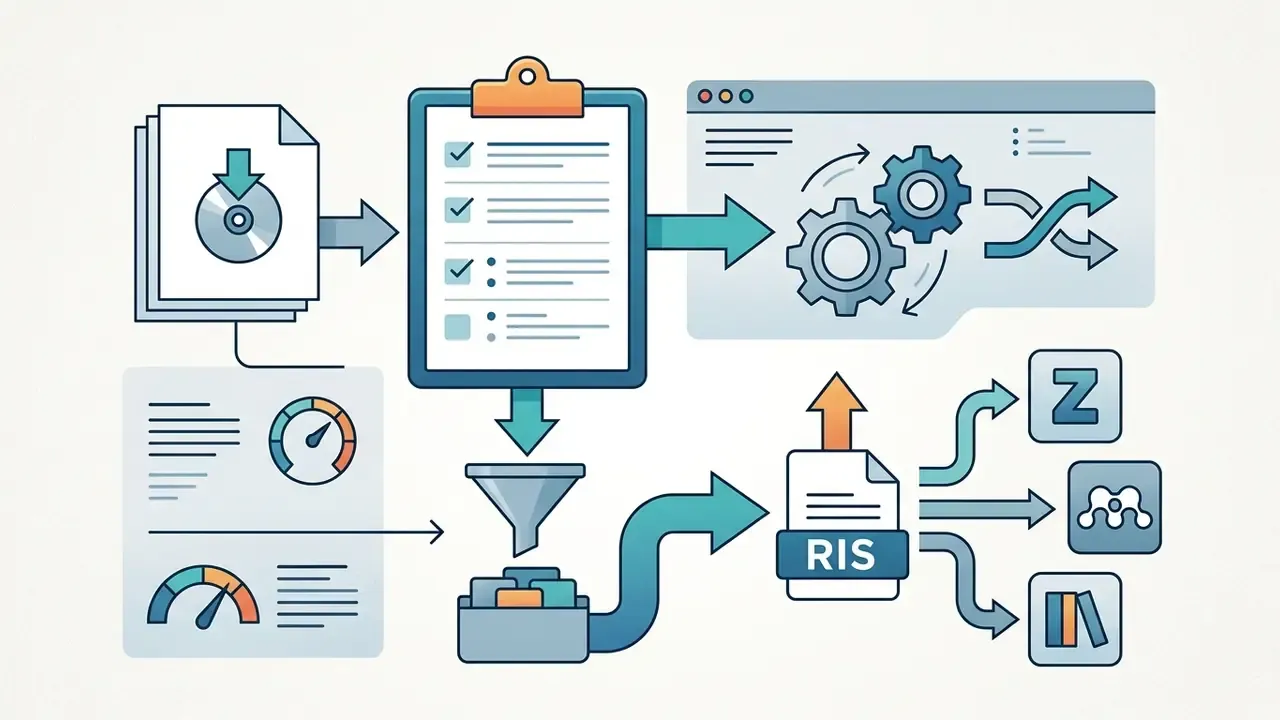 Process showing file data extraction, filtering into RIS format, and exporting to reference managers