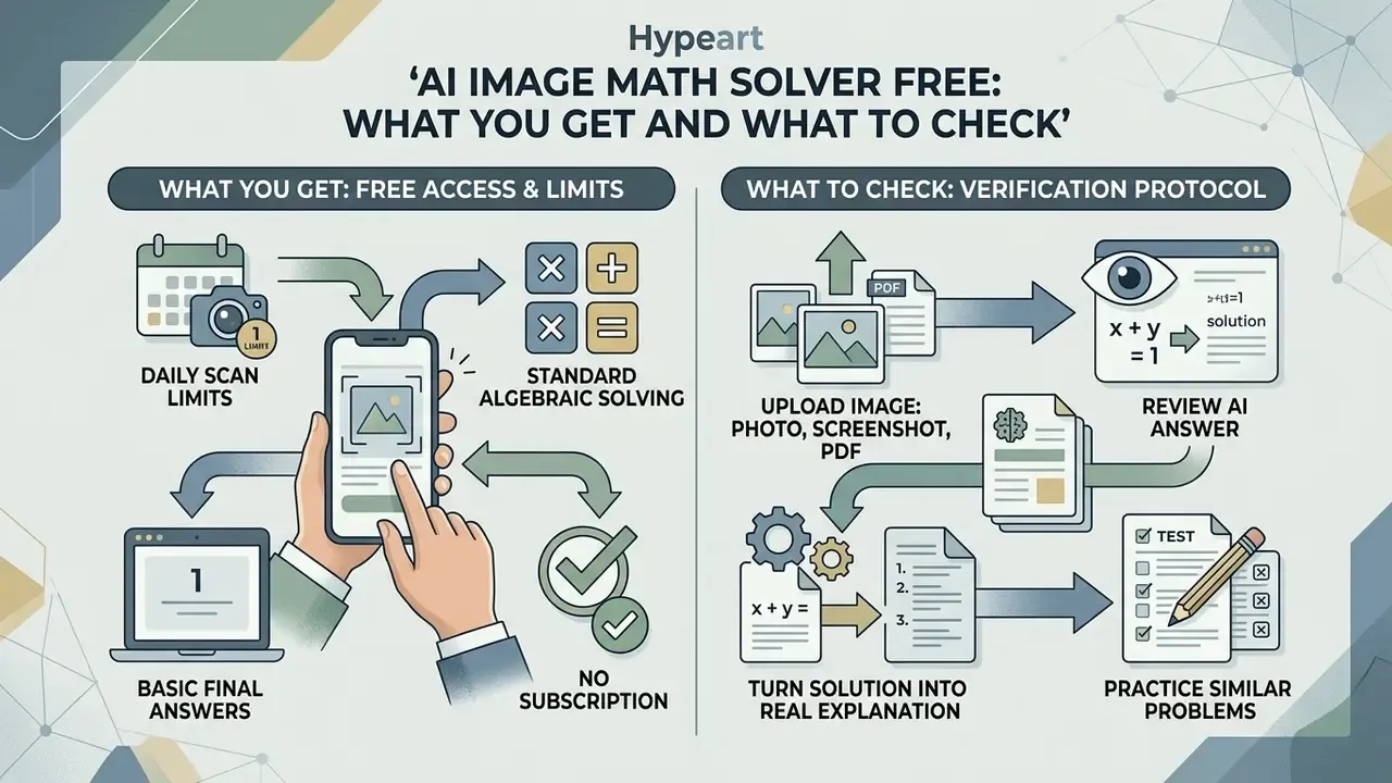 Diagram showing access limits for an AI math solver and a verification protocol for reviewing answers