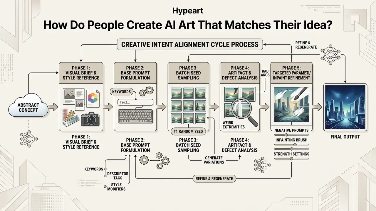 Five-stage process flow mapping how creators refine abstract concepts into precise AI art outputs