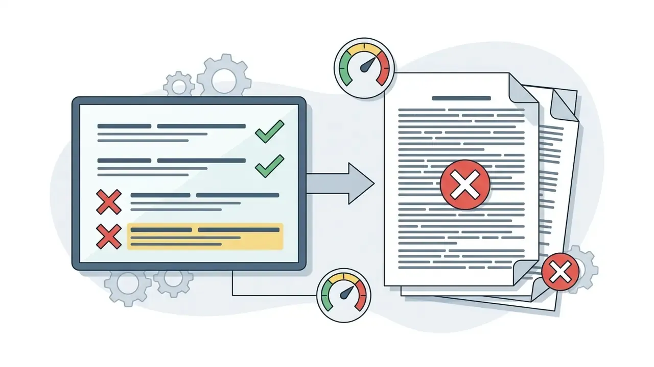 Diagram showing text processing with checkmarks for short lines and red crosses for dense document blocks