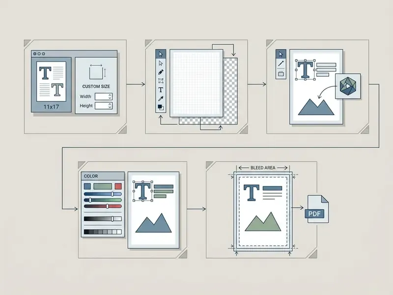 Five step sequence showing design process from choosing template size to exporting as a final PDF
