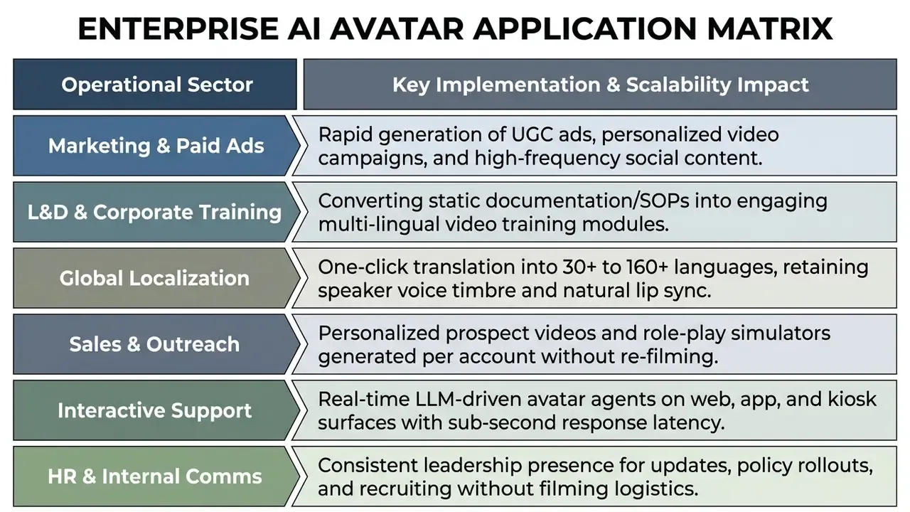 Table comparing operational sectors and implementation impacts for an enterprise AI avatar video generator