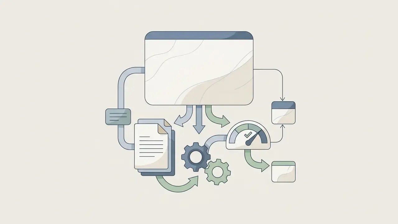Central window connected to document, gear icons, and a gauge with arrows indicating data flow
