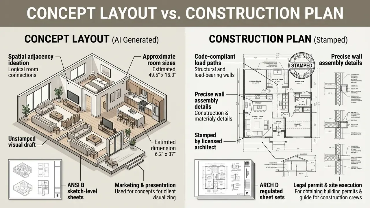 Side by side comparison of a 3D conceptual room layout and a technical 2D construction blueprint