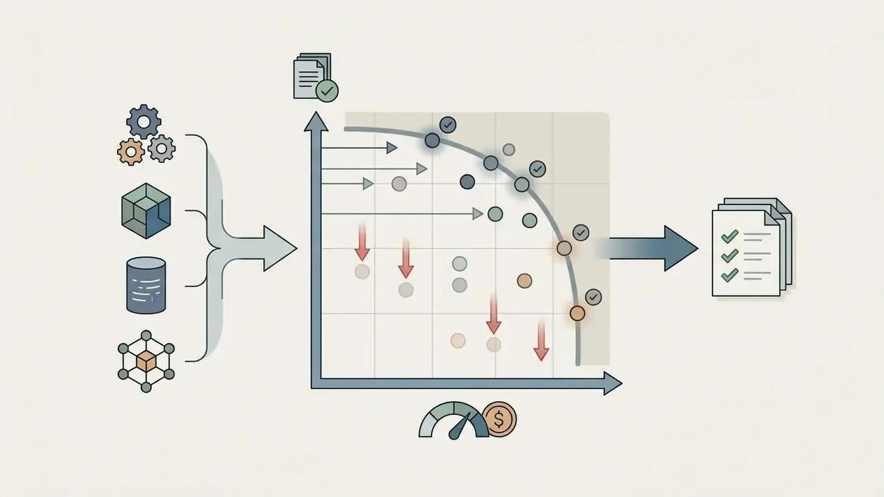 Icons feeding into a Pareto frontier plot that identifies optimal candidates for a final report