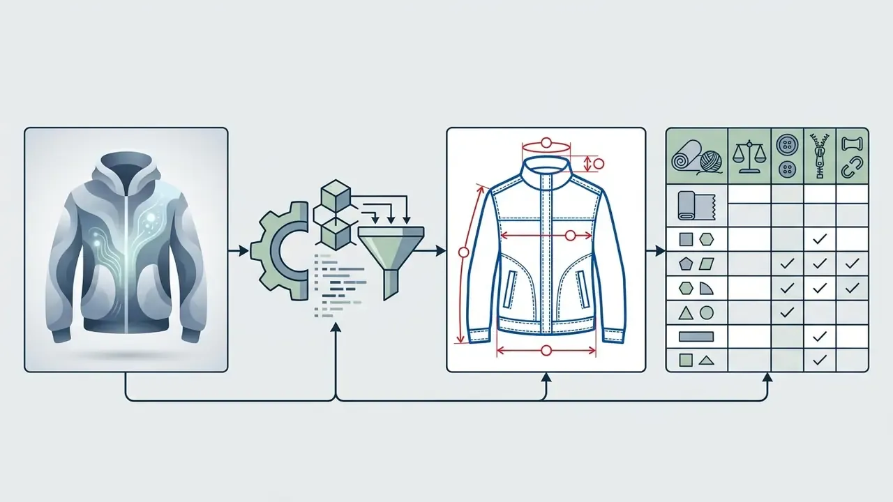 Hoodie render passing through processing gears into a measured technical sketch and a bill of materials table