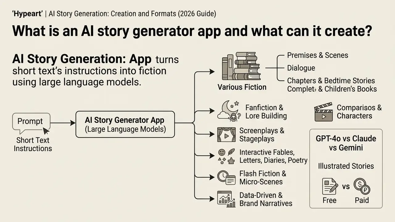 Flowchart showing how an AI story generator app transforms text prompts into various narrative formats