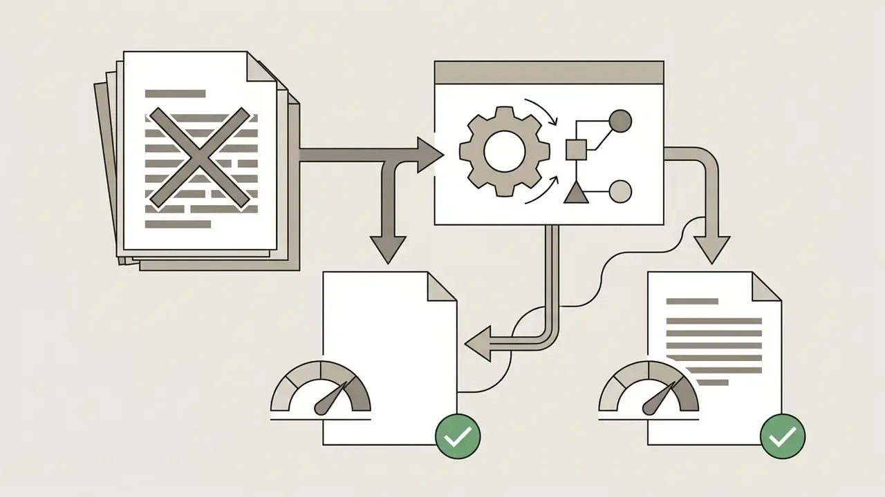 Document with an X mark feeding into a processing engine that outputs two evaluated media files