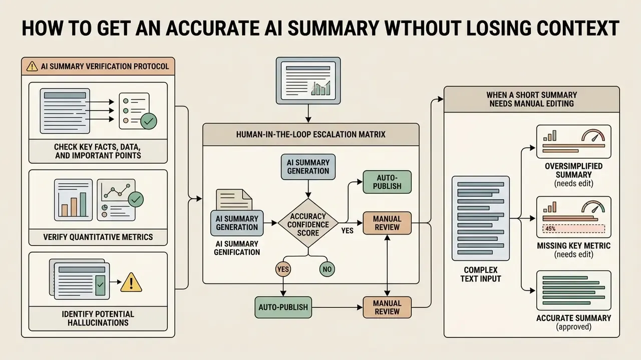 Verification protocol flowchart showing human review steps for checking facts and editing text outputs