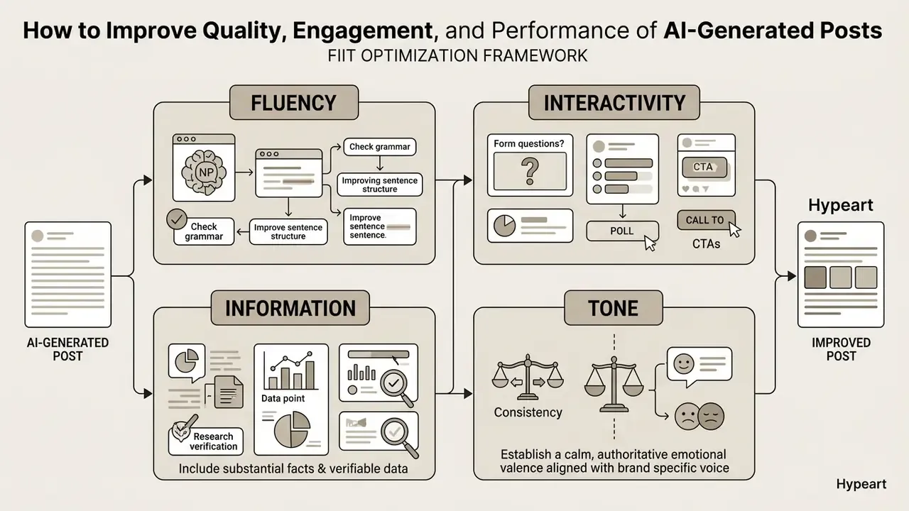 Four-part framework diagram showing how to refine AI posts using fluency, interactivity, information, and tone