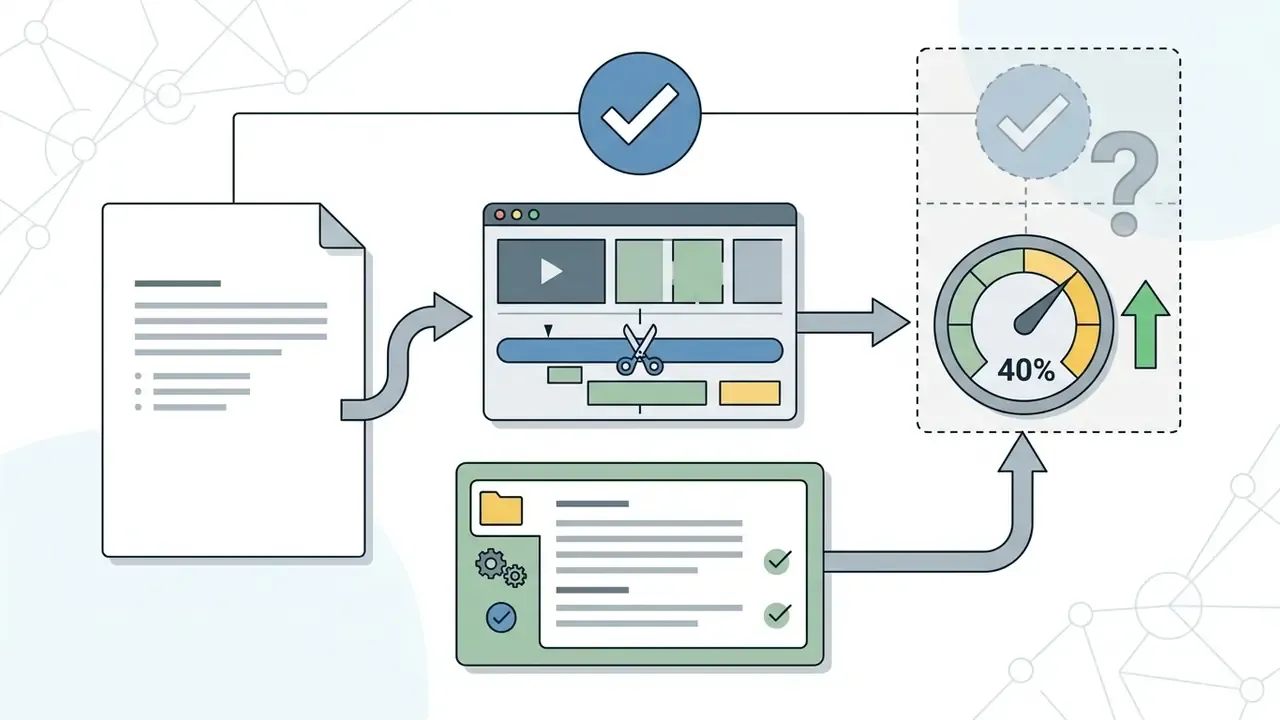 Document icon feeding into video editing software that connects to a gauge showing a forty percent increase