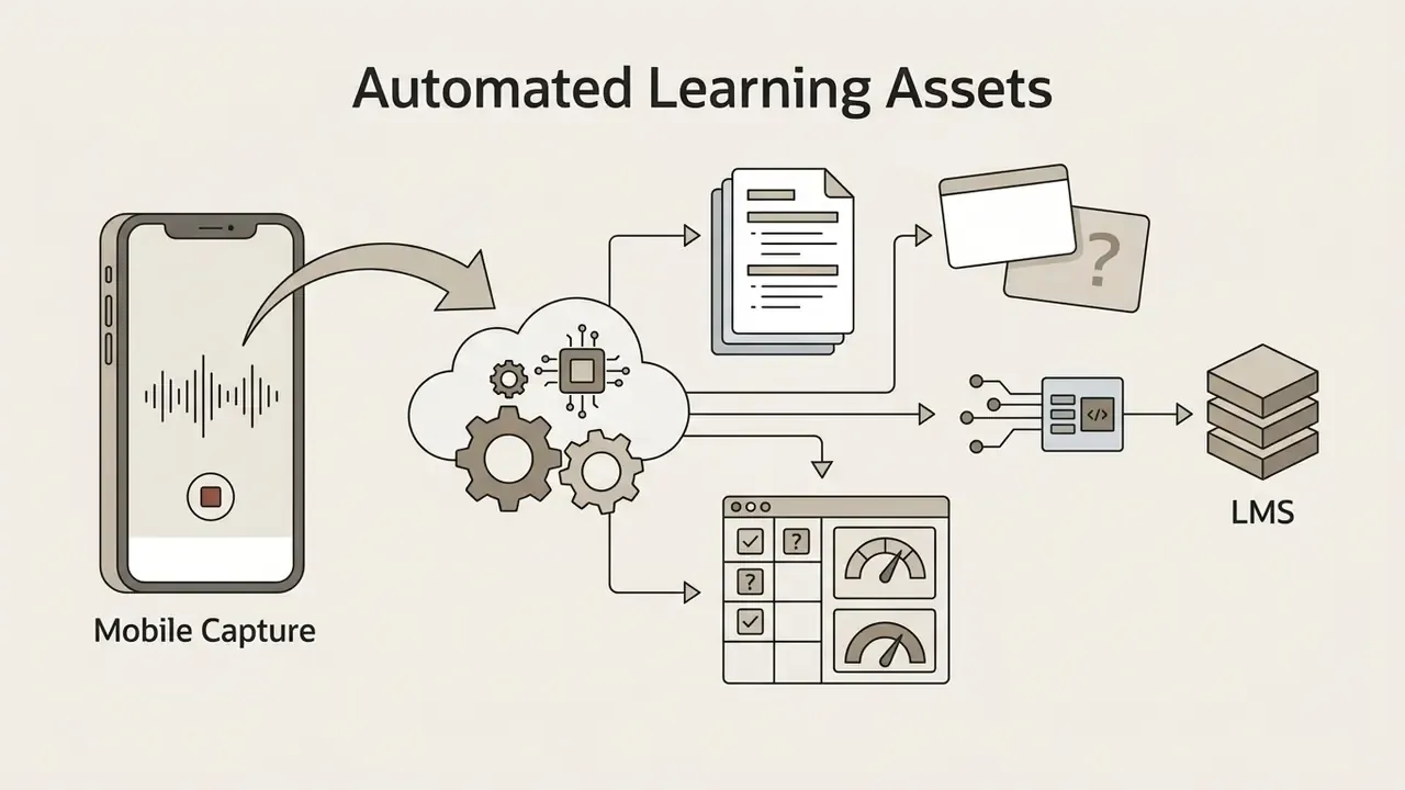 Smartphone recording audio processed into notes, flashcards, and LMS modules by a cloud AI system