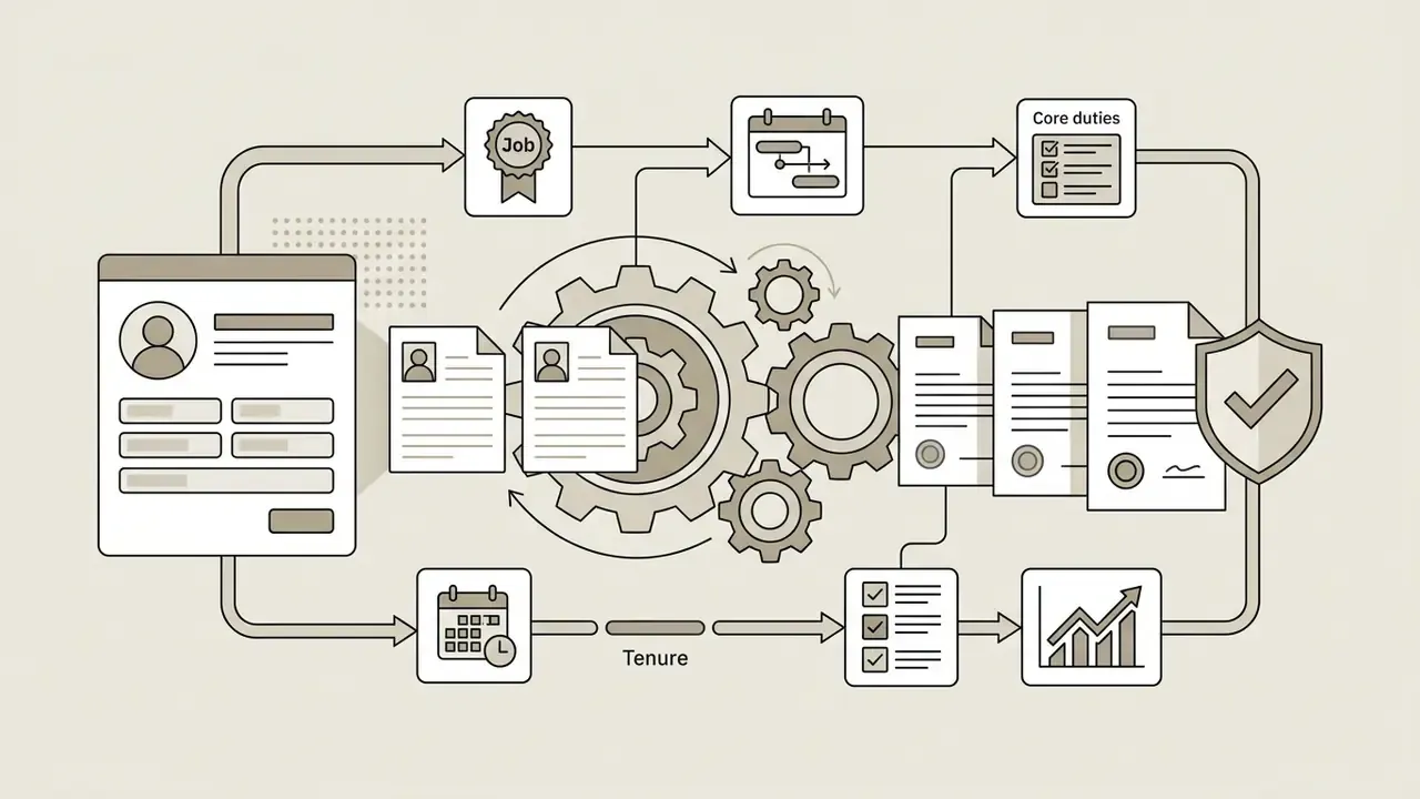System of gears processing candidate data into verified employment documents and performance indicators