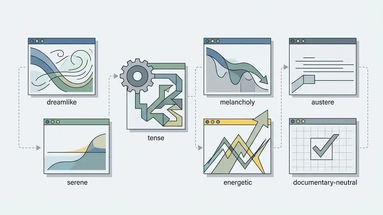 Series of windows showing visual representations of different moods for writing AI prompts for images