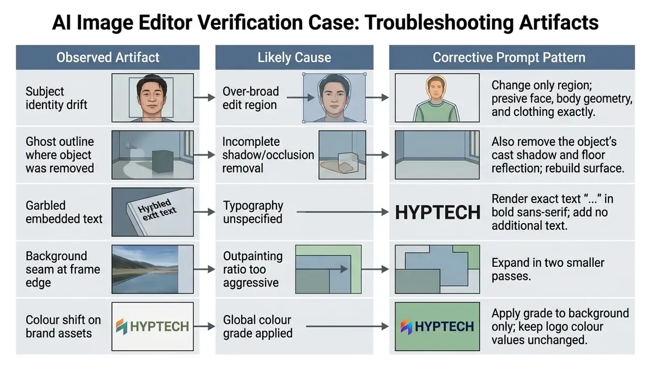 Table mapping visual image defects to their underlying causes and specific corrective text prompts