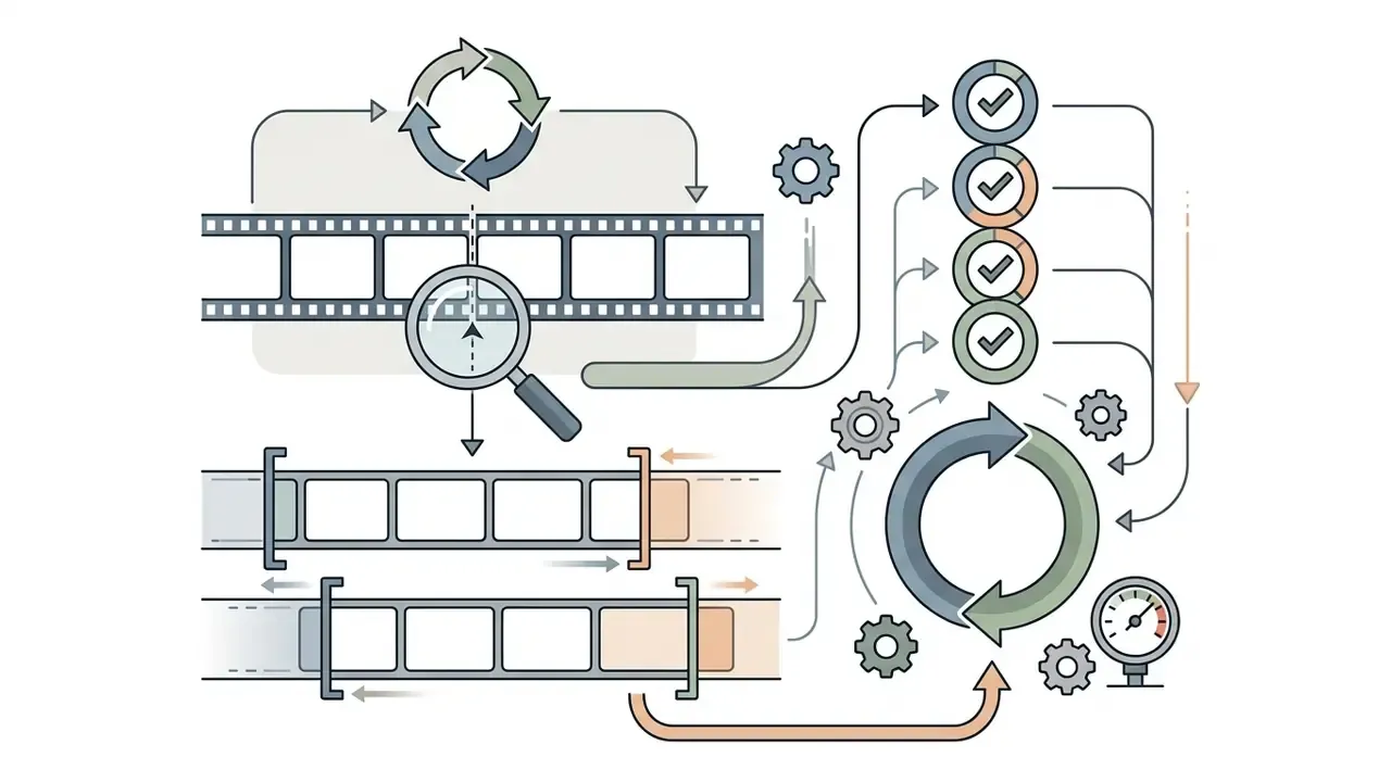 Film strip segments being aligned and checked against a process flow with gears and status indicators