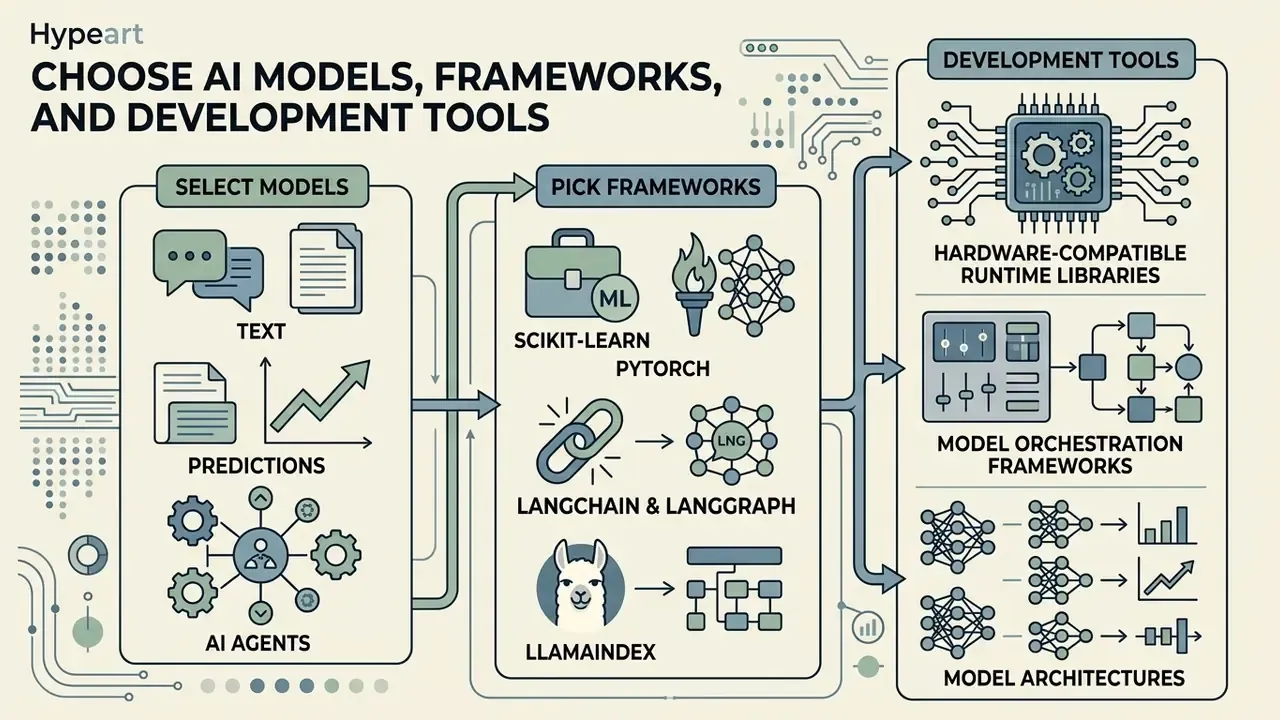 Diagram showing the selection of AI models, frameworks, and development tools for building an AI system