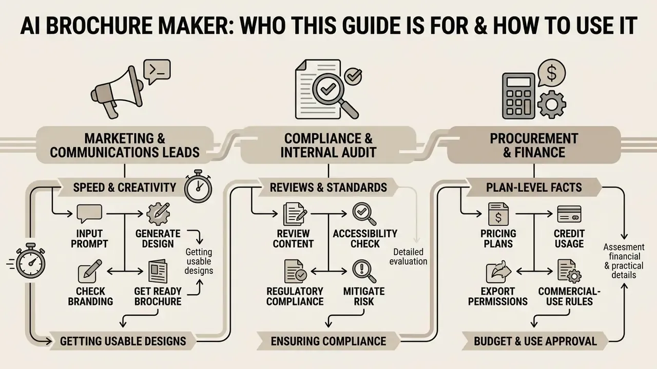 Infographic showing three distinct user paths for an AI brochure maker based on professional roles