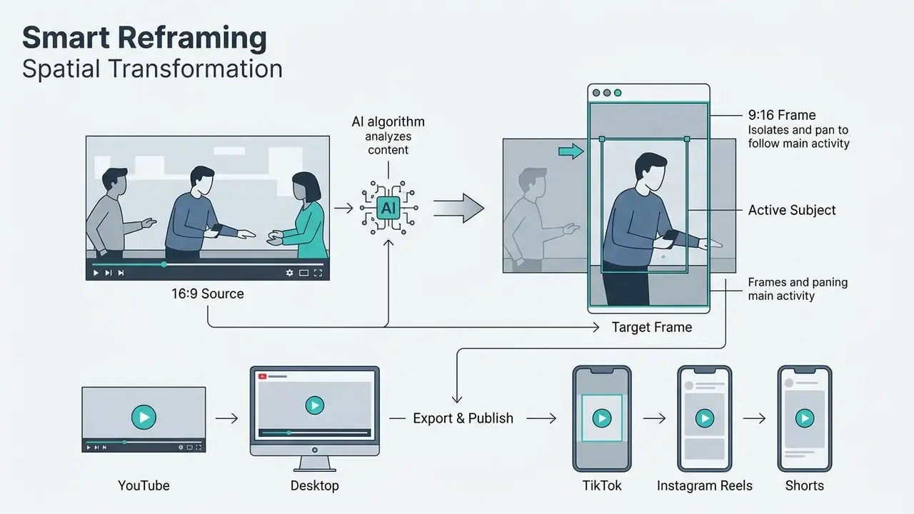 Diagram showing an AI algorithm cropping landscape video into a vertical frame to follow a subject