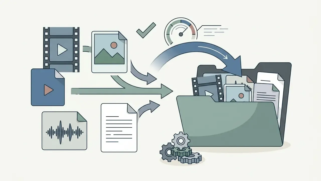 Icons of video, photo, and audio files being organized into a digital folder for project preparation
