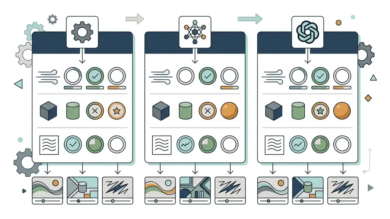 Three vertical panels showing model evaluation criteria and resulting video clip outputs