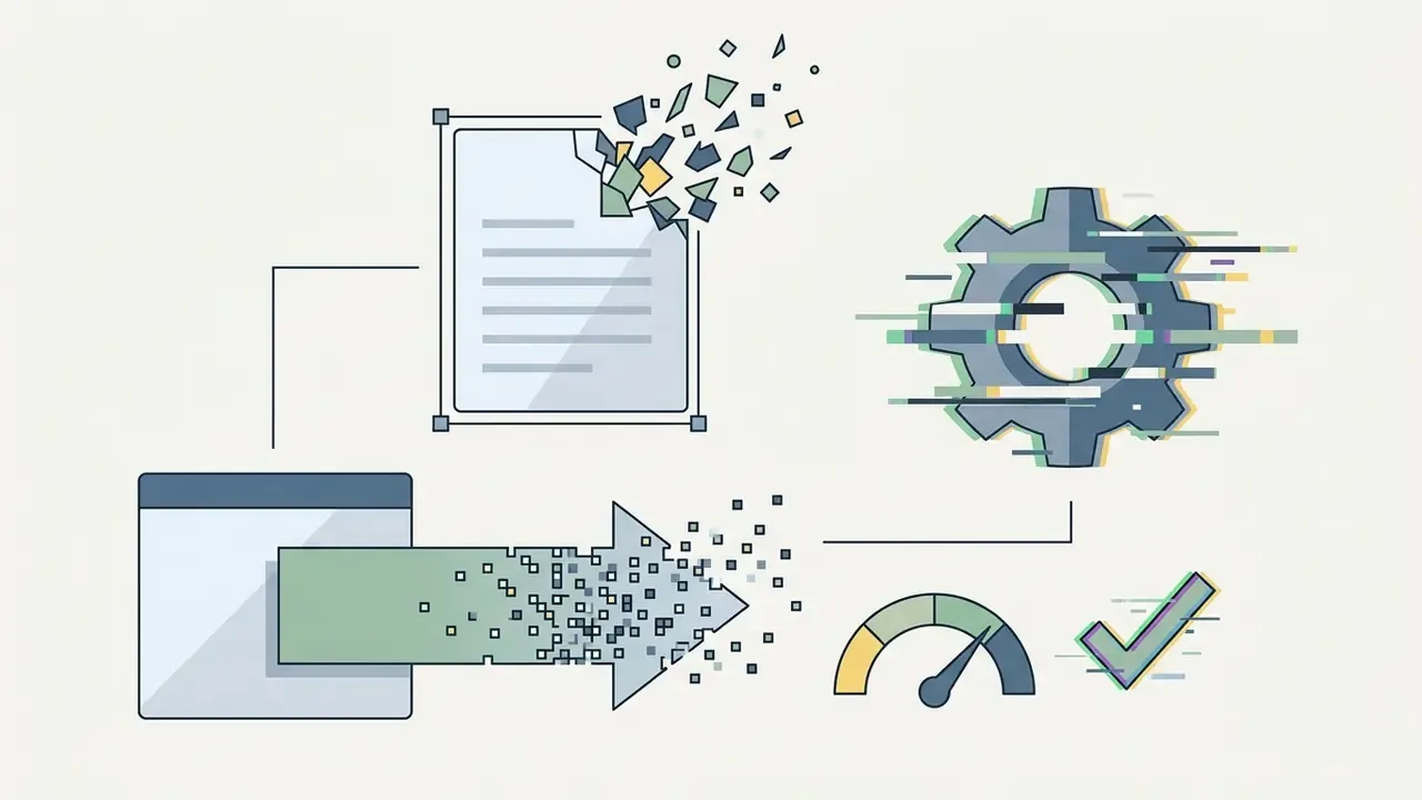Document and gear icons undergoing digital dispersion and glitch effects with a gauge and checkmark