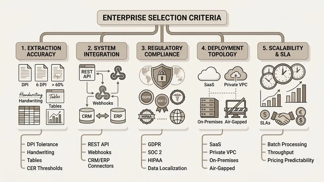Hierarchical chart detailing five essential pillars for evaluating enterprise document processing systems