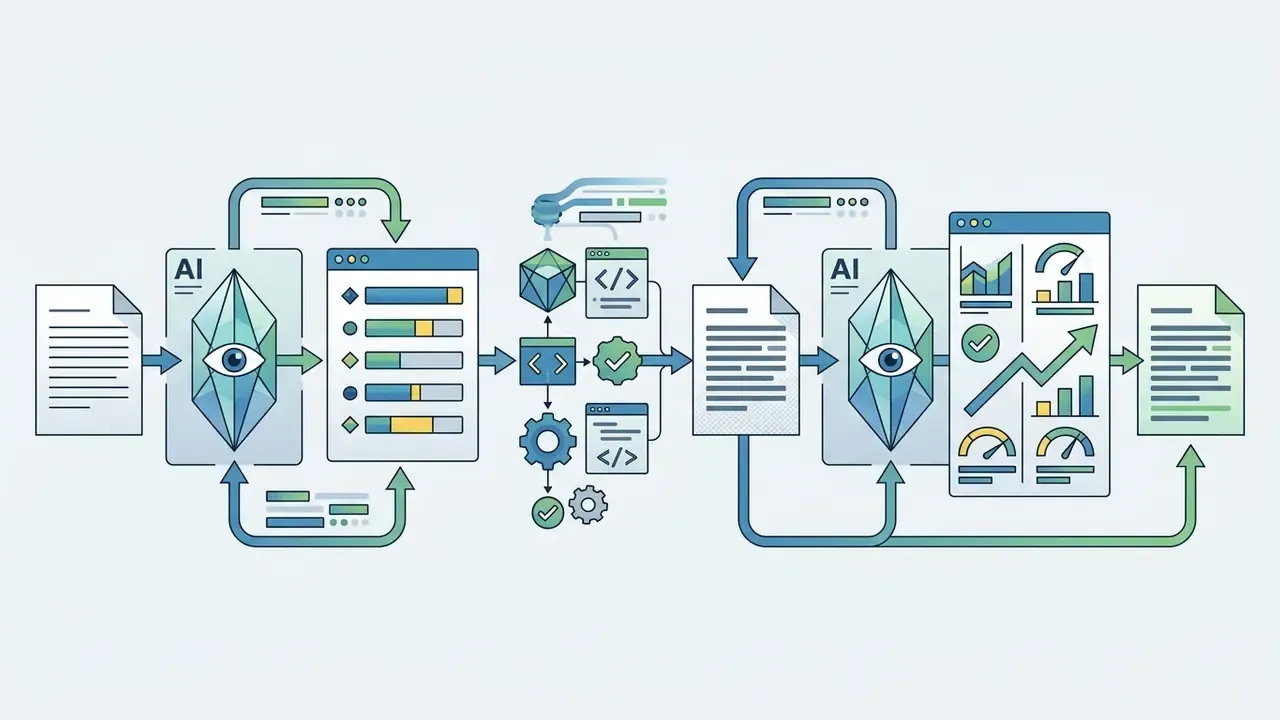 Two AI processing modules connected by code and gear icons to compare data and generate performance reports