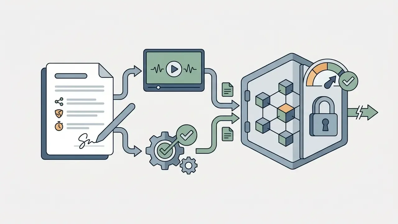 Signed contract data, video, and gear icons feeding into a secure vault for immutable record storage