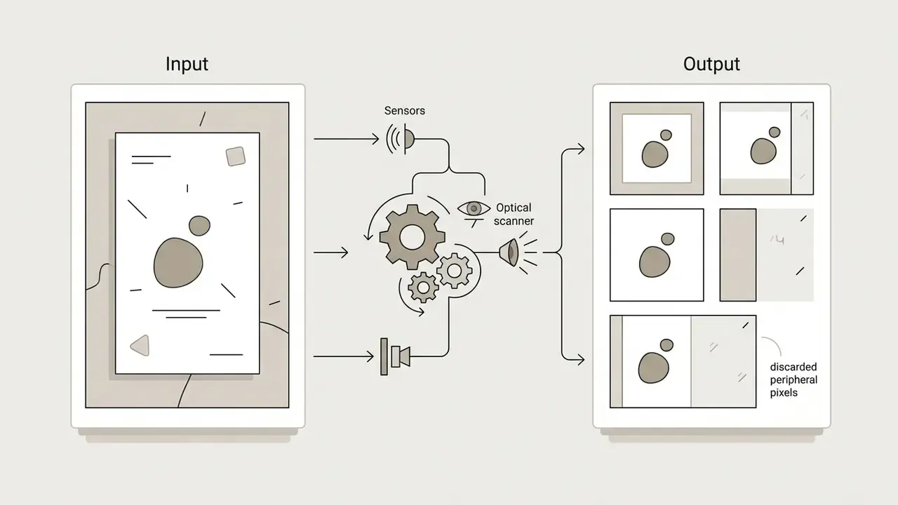 Diagram showing sensors and gears processing an input file into cropped output variations