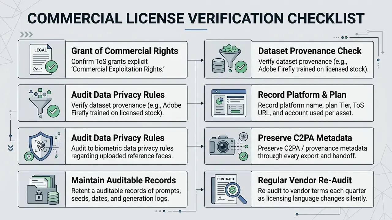 Eight steps for legal compliance including rights, data privacy, and metadata preservation for digital assets